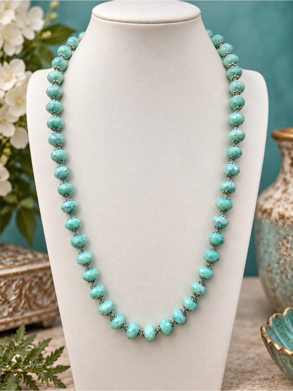Seafoam Serenade — 24” Hand-Knotted Glass Necklace